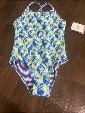 Uglies Dolphin Swimwear Blue & Green Geometric Girls' One-Piece Swimsuit 16 NWT